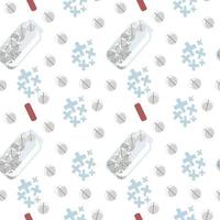 A seamless pattern of medicine cans and pills, drawn in a flat style. Open can of pills. Crosses, hand-drawn doodle. Simple vector illustration