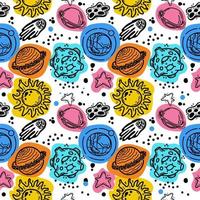 A seamless pattern of planets, comets, asteroids and stars. Hand-drawn elements hand-drawn doodle in sketch style. Sun. Stars. Solar system with bright spots on a white background vector