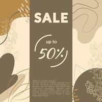 Template poster, packaging, sales, on background with abstract spots and plant elements, hand-drawn. Icons for social networks. Invitation, postcard, packaging option vector
