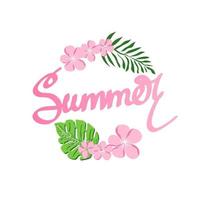 Summer banner, palm leaf poster, jungle leaf, monsters, exotic flowers and handwriting. Vector is hand-drawn in doodle style. Floral tropical summer emblem. Vector illustration