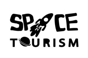 Logo for space tourism. Inscription with a rocket and a planet drawn in doodle style. Symbol. Typographic design, vector illustration