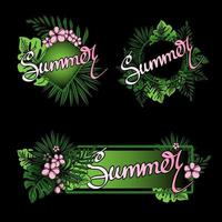 The frame set is decorated with strelitzia flower, tropical palm leaves, monstera, and hand-drawn carrot elements. Hand-drawn summer lettering. A place for your message. Vector illustration