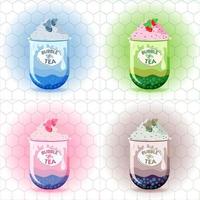 A set of different types of tea. Flat style painted elements. Fancy drinks. Green tea, matcha milk, cacao brownie and fruity, consisting of mixed fruit flavors, fresh strawberry vector