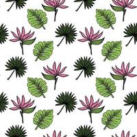 A seamless pattern of a tropical strelitzia flower, palm trees, and leaves. Hand-drawn doodle-style elements, bright flower and greenery. Tropics. Strelitzia. Isolated vector illustration