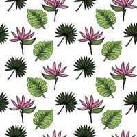 A seamless pattern of a tropical strelitzia flower, palm trees, and leaves. Hand-drawn doodle-style elements, bright flower and greenery. Tropics. Strelitzia. Isolated vector illustration