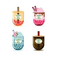 A set of different types of tea. Flat style painted elements. Fancy drinks. Green tea, matcha milk, cacao brownie and fruity, consisting of mixed fruit flavors, fresh strawberry vector