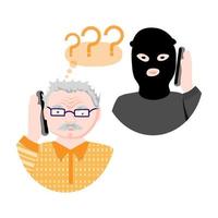 An elderly man and a scammer talking on the phone, on a white background. Telephone scam. Fraudulent old people. Flat style vector illustration
