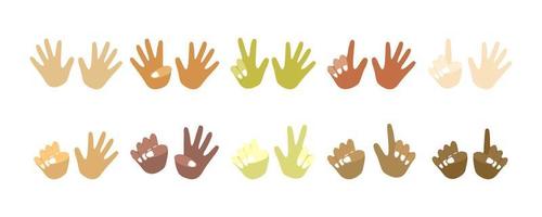 Finger counting kit for mental math school, math course, creative kids. Palms of different colors, different races. Finger counting. Math. Modern design vector illustration concept for website design