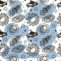 Seamless pattern of rockets, planets, comets, asteroids and stars. Vector in cartoon style. Black hole. Sun. Stars. Solar system on white with spots background. Can be used for children's textiles