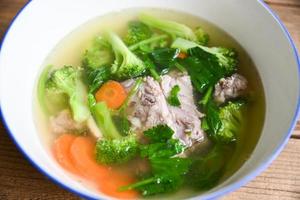 Clear Soup bowl with pork ribs  vegetable carrot broccoli soup and celery, Food healthy menu photo