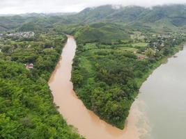 Mekong River Thailand Laos border, view nature river beautiful mountain river with forest tree Aerial view Bird eye view landscape jungles lake flowing wild water after the rain photo