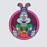 caricatura del logo del conejo mascota con humo de bong de vidrio. tema de bong de vidrio.