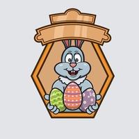 caricatura de conejo mascota con el logo de tres huevos. feliz tema de pascua. vector