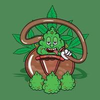Mascot of Weed Cartoon On Bong Glass Smoke and Marijuana Background. vector