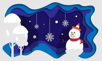 diseño de arte de corte de papel de invierno con muñeco de nieve, copos de nieve y árboles cubiertos de nieve. adecuado para volantes, fondos, etc. vector