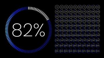 Set of circle percentage meters from 0 to 100 for infographic, user interface design UI. Gradient pie chart downloading progress from light to dark blue in black background. Circle diagram vector.