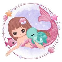 Cute little mermaid in watercolor illustration vector