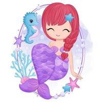 Cute little mermaid in watercolor illustration vector