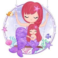 Cute mermaid mom and baby in watercolor illustration vector