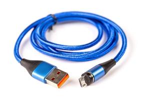 Blue USB cable on white background