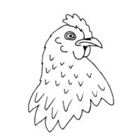 Simple vector freehand drawing in black outline. Head of chicken, rooster, isolated on a white background. For prints labels, sticker, coloring, logo. Farm poultry.