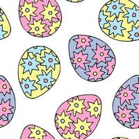 Abstract seamless vector pattern for a festive easter decoration. Multi-colored eggs with floral patterns on a white background. For prints of wrapping paper, fabric, cards. Spring seasonal design.
