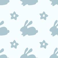 Simple gentle vector seamless pattern. Cute rabbit, flowers. Calm light blue pastel colors. For prints of fabric, textile products, packaging, children's clothing.