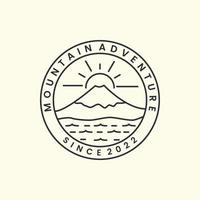 montaña fuji con insignia y diseño de plantilla de icono de logotipo de estilo de arte de línea.aventura,sol,río, árbol, ilustración vectorial vector