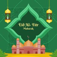 Editable Mosque with Frame and Hanging Arab Fanoos Lanterns Vector Illustration on Patterned Background for Eid Fitr Mubarak and Islamic Moments Design Concept