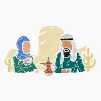 pareja árabe editable que tiene ilustración de vector de café árabe con olla dallah y tazas finjan en estilo de pinceladas para momentos islámicos o diseño relacionado con café de cultura árabe