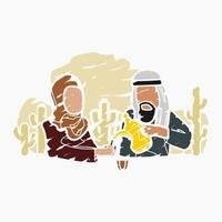 Editable Vector of Brush Strokes Style Arab Man Pouring Arabic Coffee From Dallah Pot into Finjan Cup for His Wife Illustration for Islamic Moments or Arabian Culture Cafe and Family Related Design