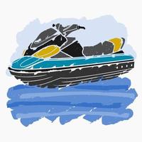 Editable Front Oblique View Brush Strokes Personal Watercraft or Water Scooter on Calm Water Vector Illustration for Artwork Element of Transportation or Recreation Related Design