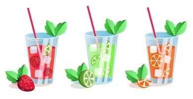Mojito cocktail with different tastes-lime, strawberry, orange, mint. Vector illustration.