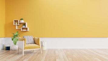Living room interior with yellow fabric armchair,lamp,book and plants on empty yellow wall background.