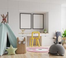 marco de póster simulado en la habitación de los niños con carpa para niños sobre fondo de pared blanca.