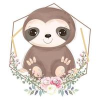 Cute little sloth in watercolor illustration vector