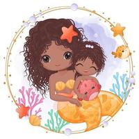 Cute mermaid mom and baby in watercolor illustration vector