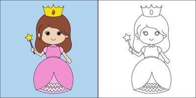 hermosa princesa adecuada para la ilustración de vector de página de color de los niños
