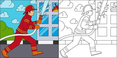 Firefighters extinguish the burning building suitable for children's coloring page vector illustration