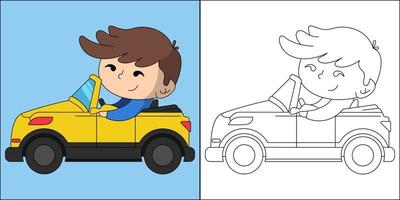 chico lindo conduciendo un coche adecuado para la ilustración de vector de página de color de los niños