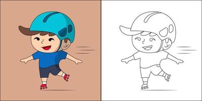 Cute boy playing roller skates suitable for children's coloring page vector illustration