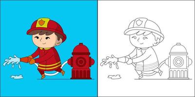 Cute boy firefighter suitable for children's coloring page vector illustration