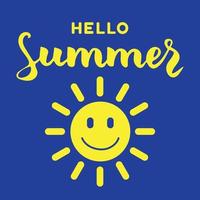 Hello Summer, lettering composition with smiling sun. Yellow and blue colors. Design for cards, t-shirts, labels, posters. Hand drawn calligraphy, vector illustration. Summer inspiration