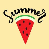 Summer lettering with watermelon piece. Hand drawn typography, summer card. Good for t-shirt print, poster, card, label, and gift design. Simple and beautiful abstract design. Vector illustration