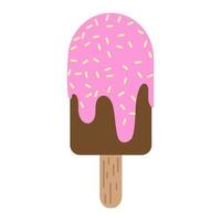helado rosa y marrón, ilustración vectorial en estilo plano. helado de chocolate en palo. postre de verano. impresión positiva para textiles, web, tarjetas, diseño y decoración. barra de helado de frutas o bayas