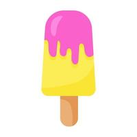 helado rosa y amarillo, ilustración vectorial en estilo plano. helado de refresco en palo. postre de verano. impresión positiva para textiles, web, tarjetas, diseño y decoración. barra de helado de frutas o bayas vector