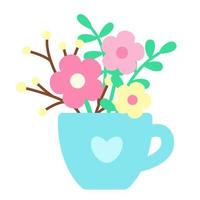 flores de primavera y plantas en taza con estampado de corazón. impresión positiva en colores pastel claros. flores simples de fantasía. impresión para cads, textil, diseño y decoración de Pascua. linda y linda ilustracion vector