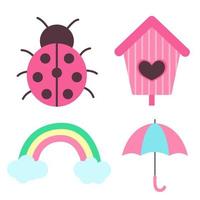 Set of spring elements. Ladybug, rainbow with clouds, umbrella and birdhouse. Print for sticker pack, clothes, textile, seasonal design and decor. Illustration in pastel colors vector