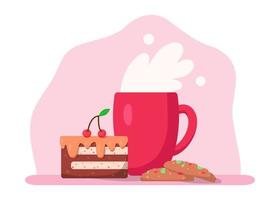 Cup with drink, cookies and piece of cake, vector illustration in cartoon flat style. Coffee, cocoa or tea cup. Cherry and strawberry. Tasty breakfast or coffee break. Print for cards, sticker