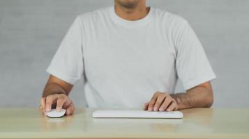 Businessman searching browsing internet data information with blank search bar. Search engine optimization SEO networking concept. businessman working with computer laptop on desk in office. photo